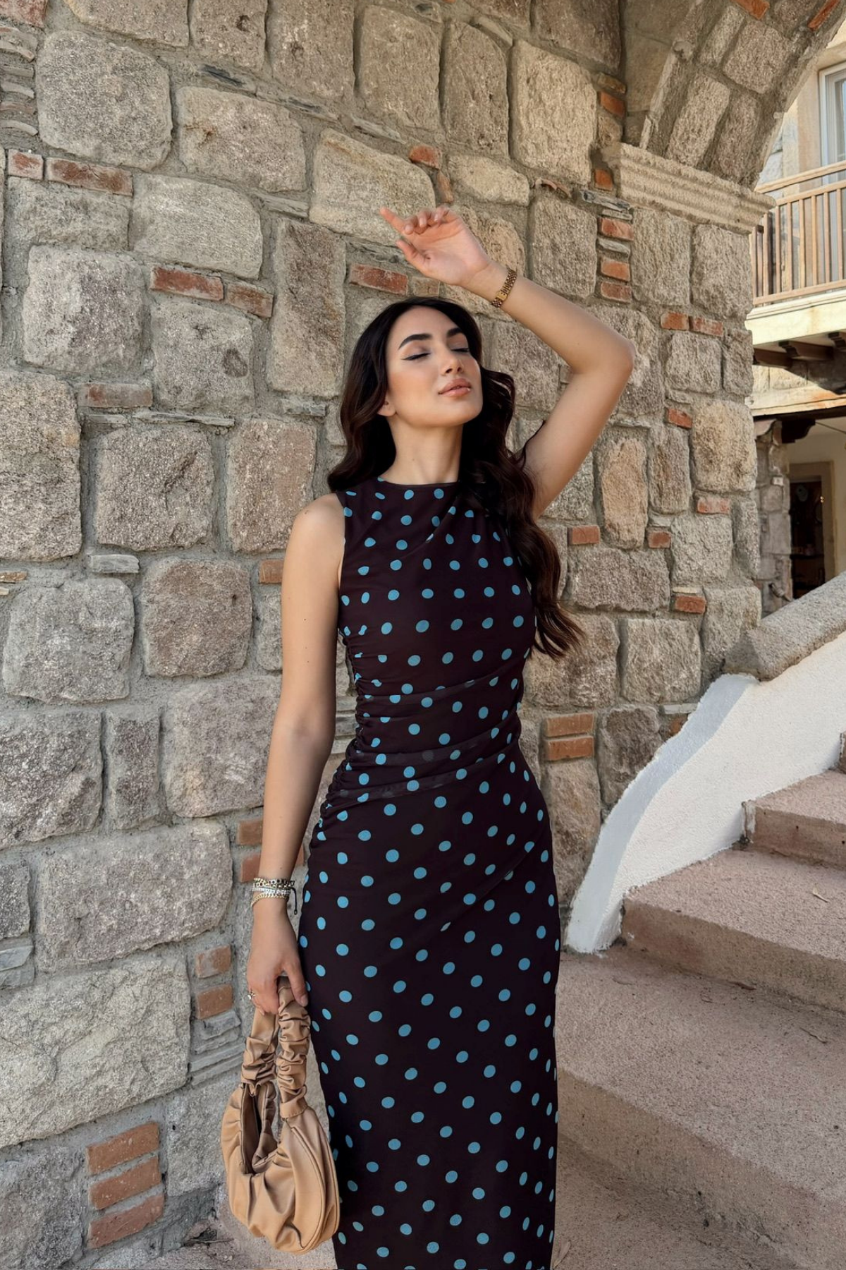 Alina Askılı Puantiye Detay Midi Elbise 7251 KAHVERENGİ