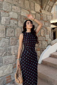 Alina Askılı Puantiye Detay Midi Elbise 7251 KAHVERENGİ
