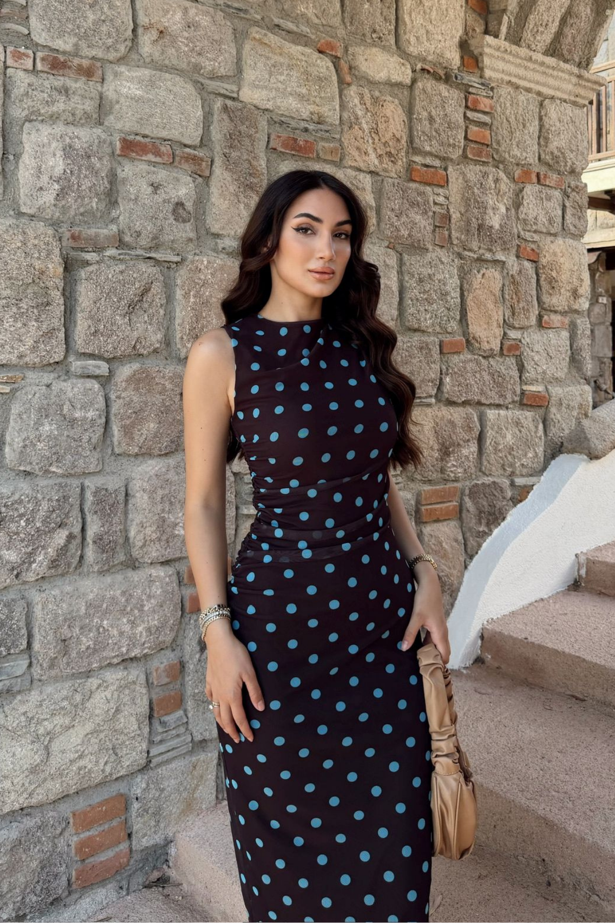 Alina Askılı Puantiye Detay Midi Elbise 7251 KAHVERENGİ