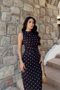 Alina Askılı Puantiye Detay Midi Elbise 7251 KAHVERENGİ