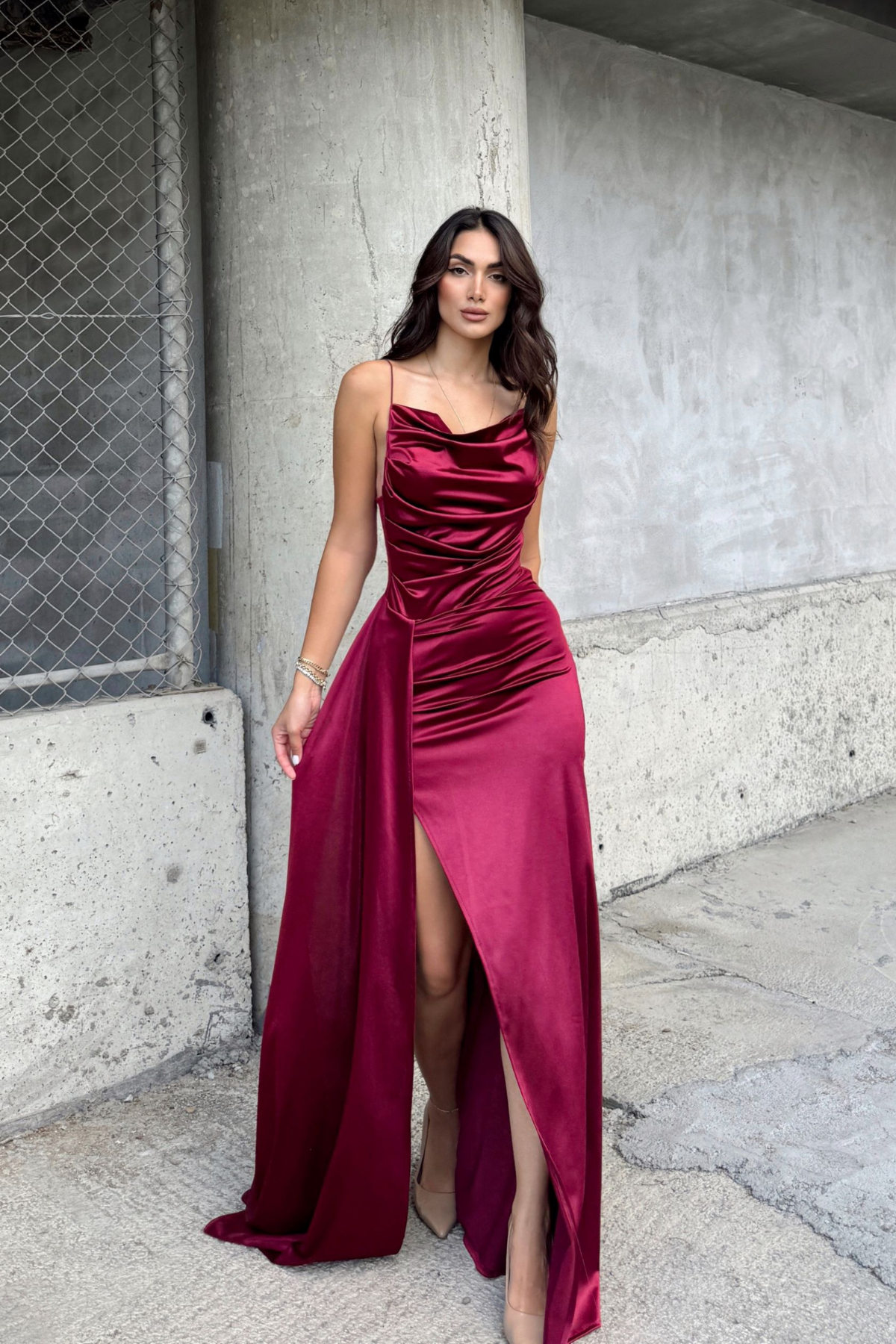 Allyso Degaje Yaka Yırtmaçlı Abiye 582243 BORDO