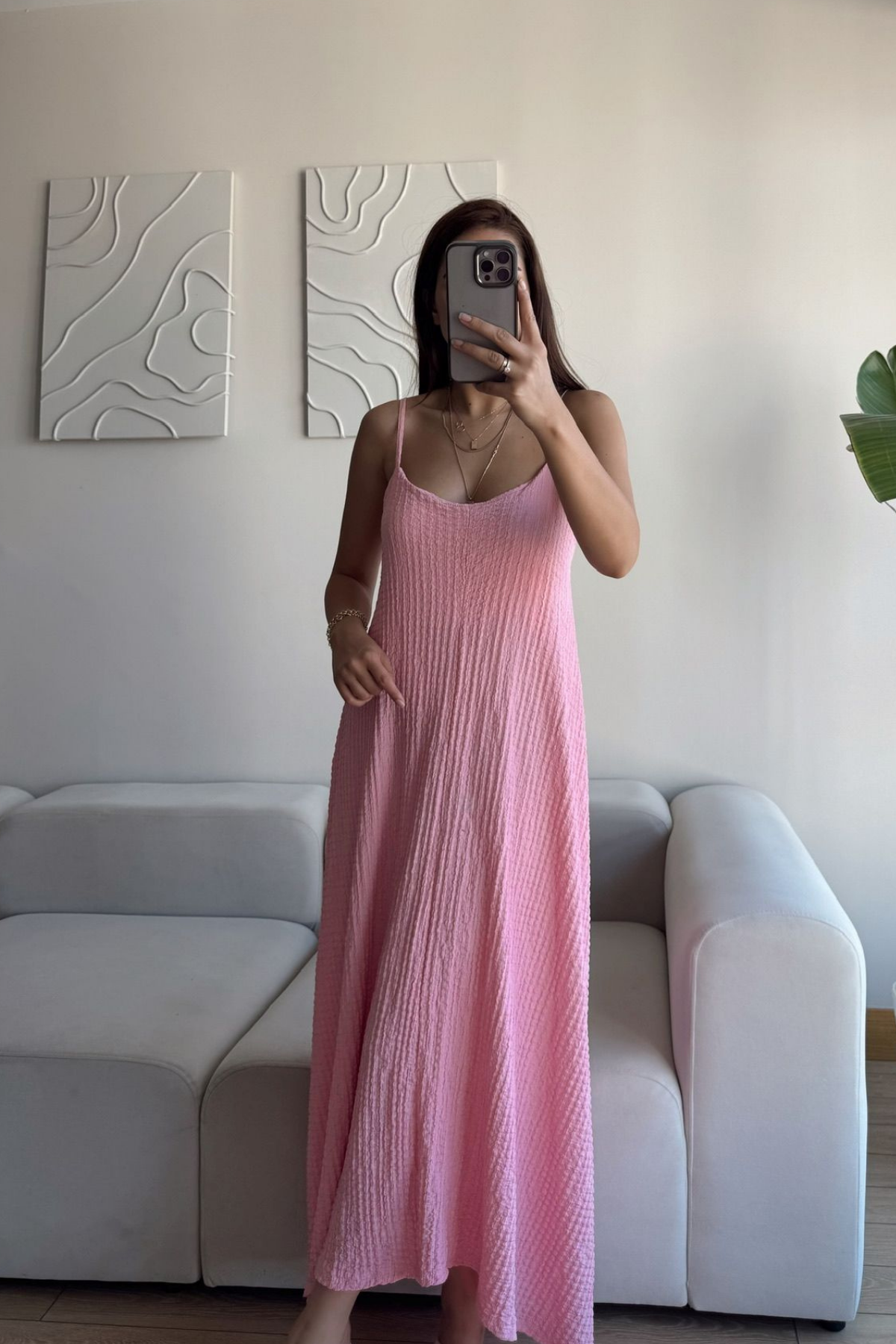 Anna İp Askılı Bubble Elbise 13828 PUDRA