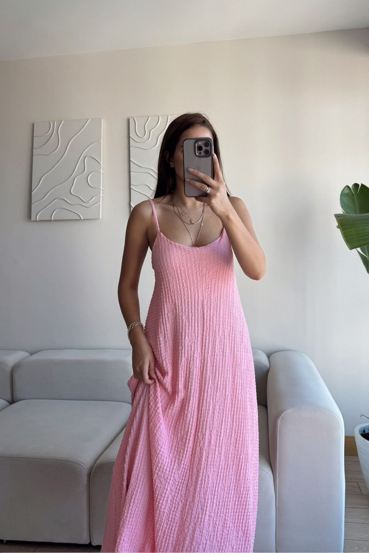 Anna İp Askılı Bubble Elbise 13828 PUDRA