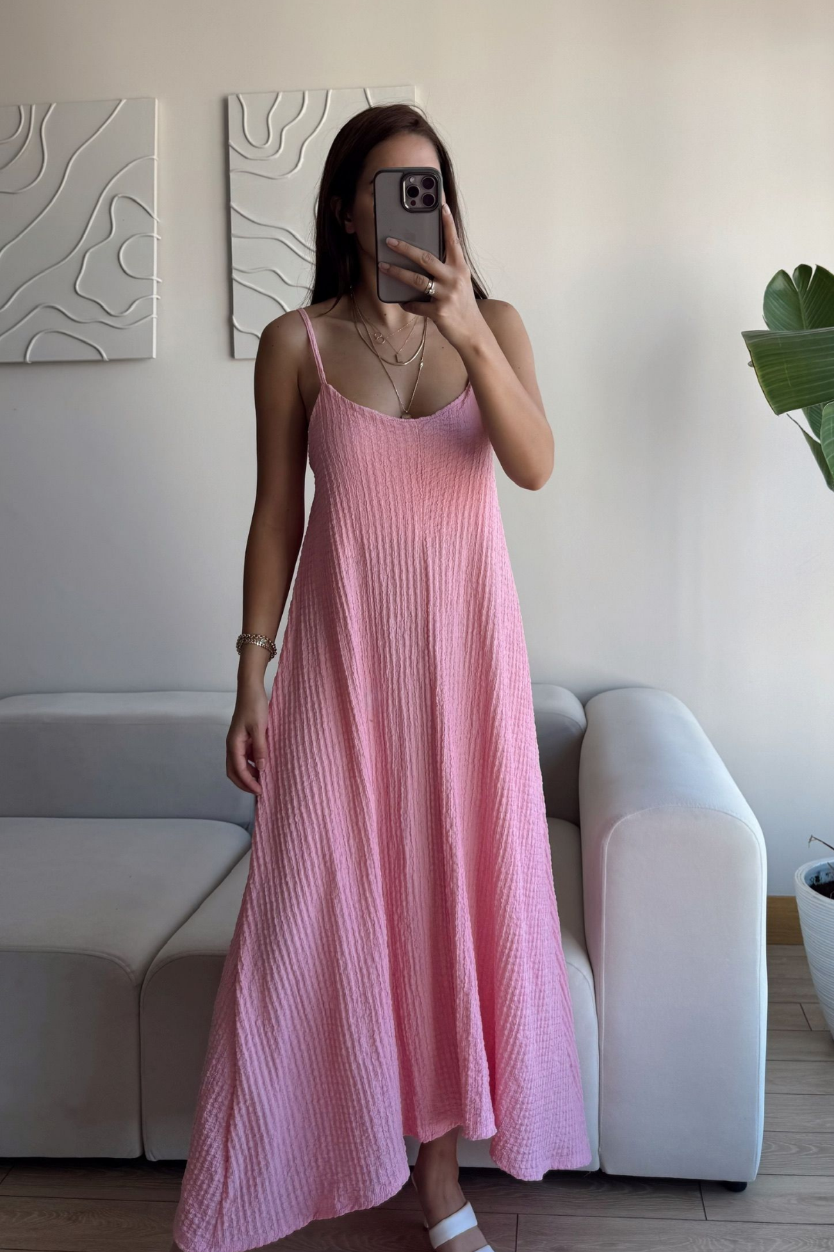 Anna İp Askılı Bubble Elbise 13828 PUDRA