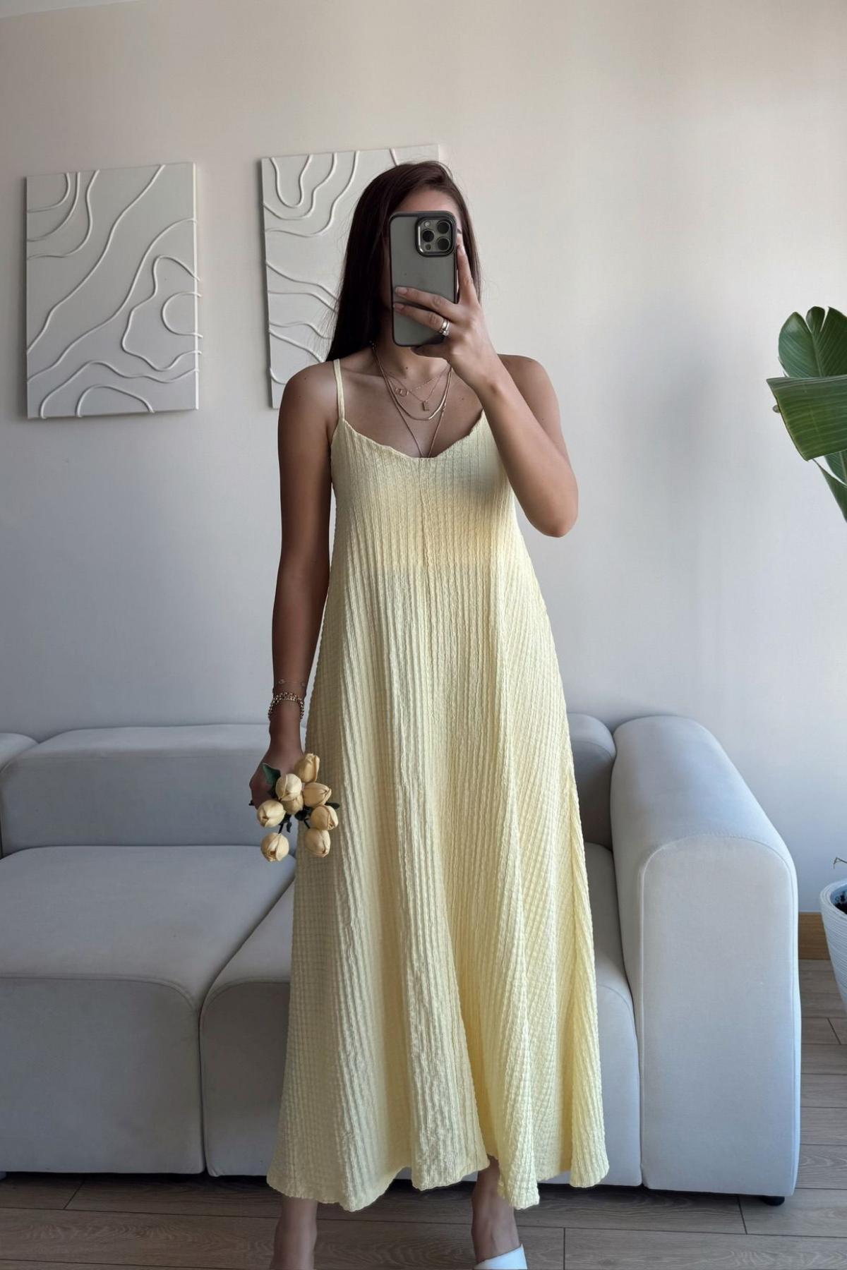 Anna İp Askılı Bubble Elbise 13828 SARI