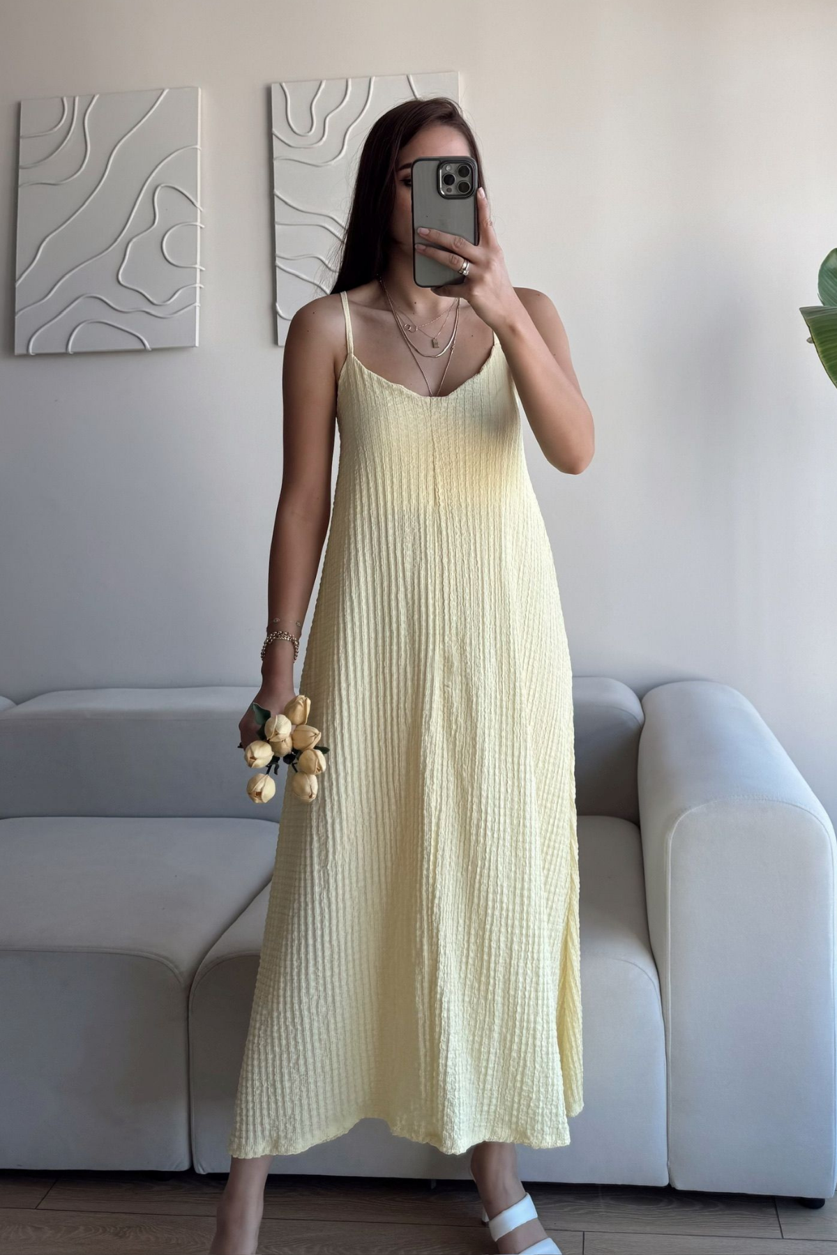 Anna İp Askılı Bubble Elbise 13828 SARI