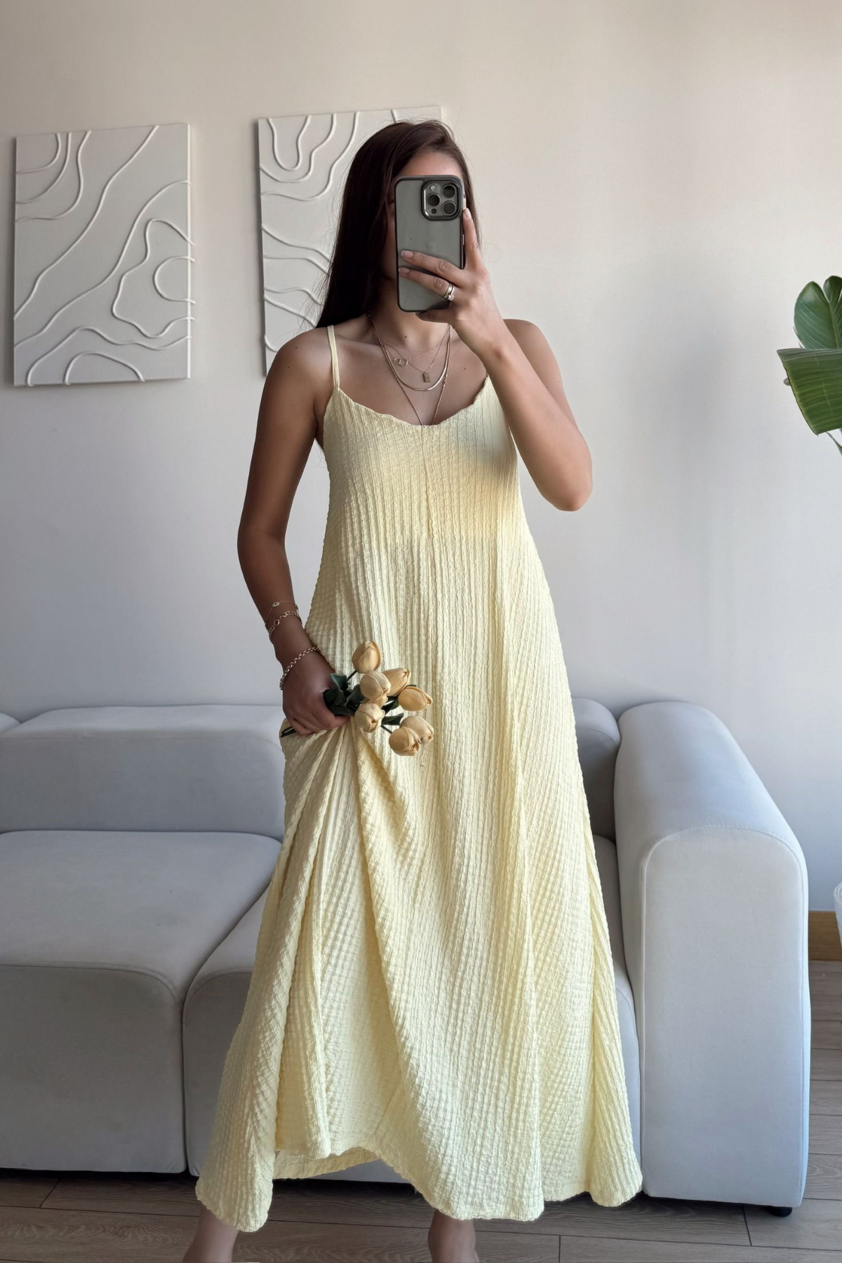 Anna İp Askılı Bubble Elbise 13828 SARI
