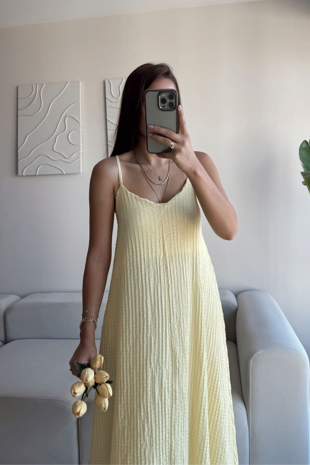 Anna İp Askılı Bubble Elbise 13828 SARI