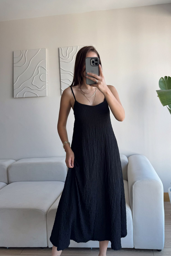 Anna İp Askılı Bubble Elbise 13828 SİYAH