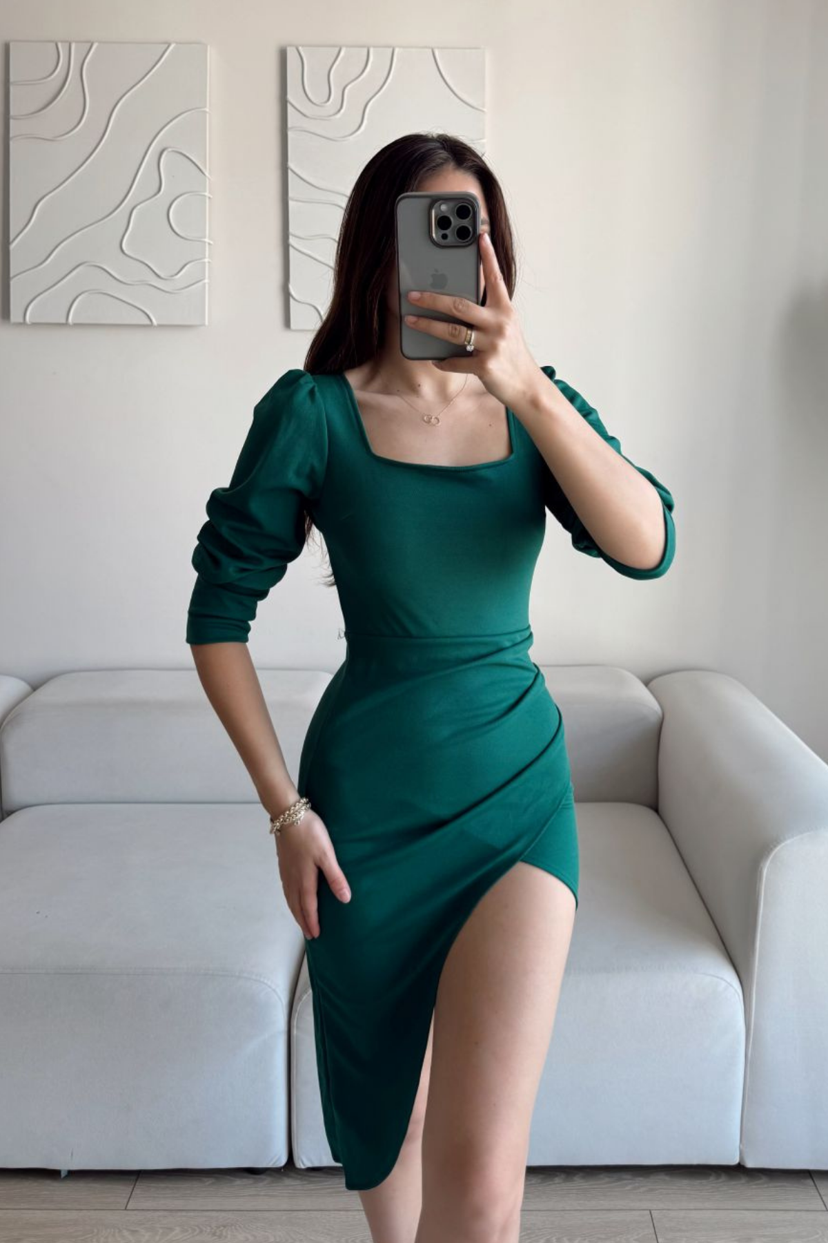 Arsima Kare Yaka Yırtmaçlı Midi Boy Elbise YEŞİL J5X