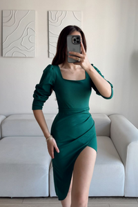 Arsima Kare Yaka Yırtmaçlı Midi Boy Elbise YEŞİL J5X