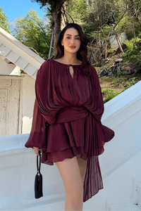 Arwen Fırfırlı Bağlama Detay Mini Elbise 221732 VİŞNE
