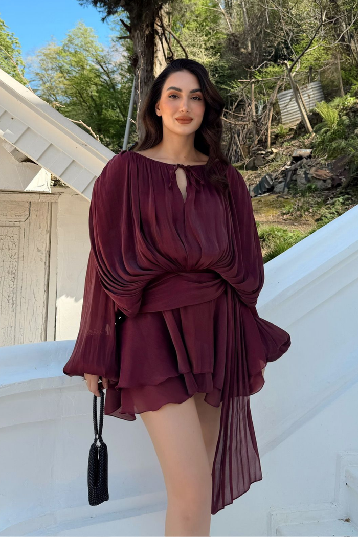 Arwen Fırfırlı Bağlama Detay Mini Elbise 221732 VİŞNE