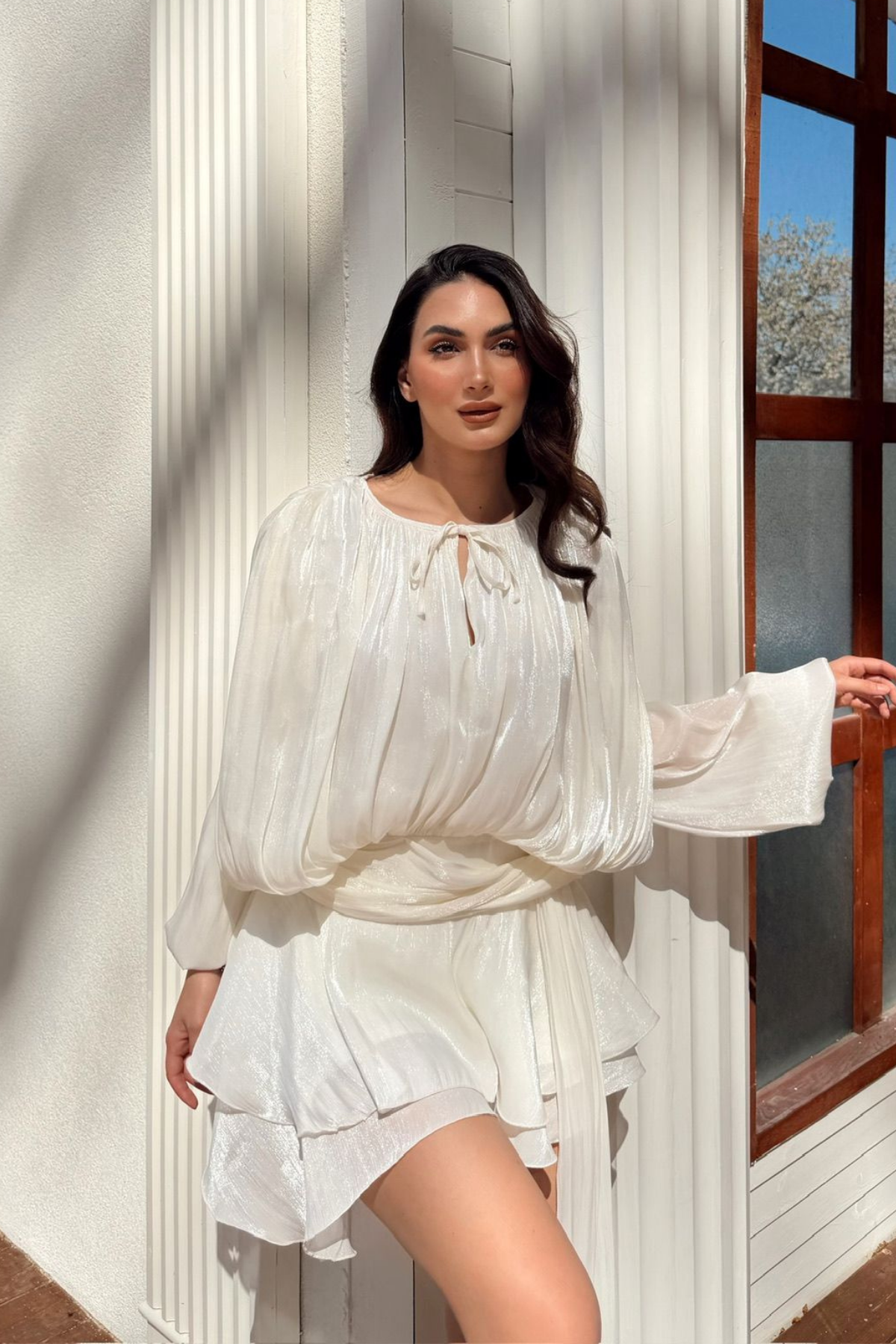 Arwen Fırfırlı Bağlama Detay Mini Elbise 221732 BEYAZ