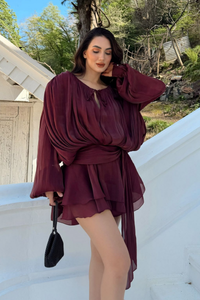 Arwen Fırfırlı Bağlama Detay Mini Elbise 221732 VİŞNE