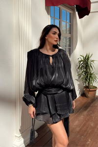 Arwen Fırfırlı Bağlama Detay Mini Elbise 221732 SİYAH