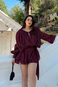 Arwen Fırfırlı Bağlama Detay Mini Elbise 221732 VİŞNE