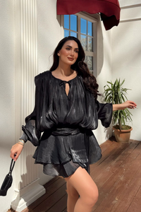 Arwen Fırfırlı Bağlama Detay Mini Elbise 221732 SİYAH