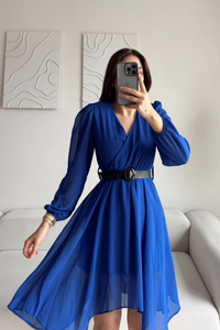 Asimetrik Kesim Kemerli Şifon Elbise 89586 SAKS MAVİSİ