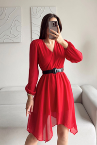 Asimetrik Kesim Kemerli Şifon Elbise 89586 KIRMIZI