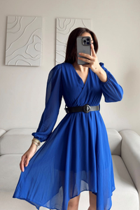 Asimetrik Kesim Kemerli Şifon Elbise 89586 SAKS MAVİSİ