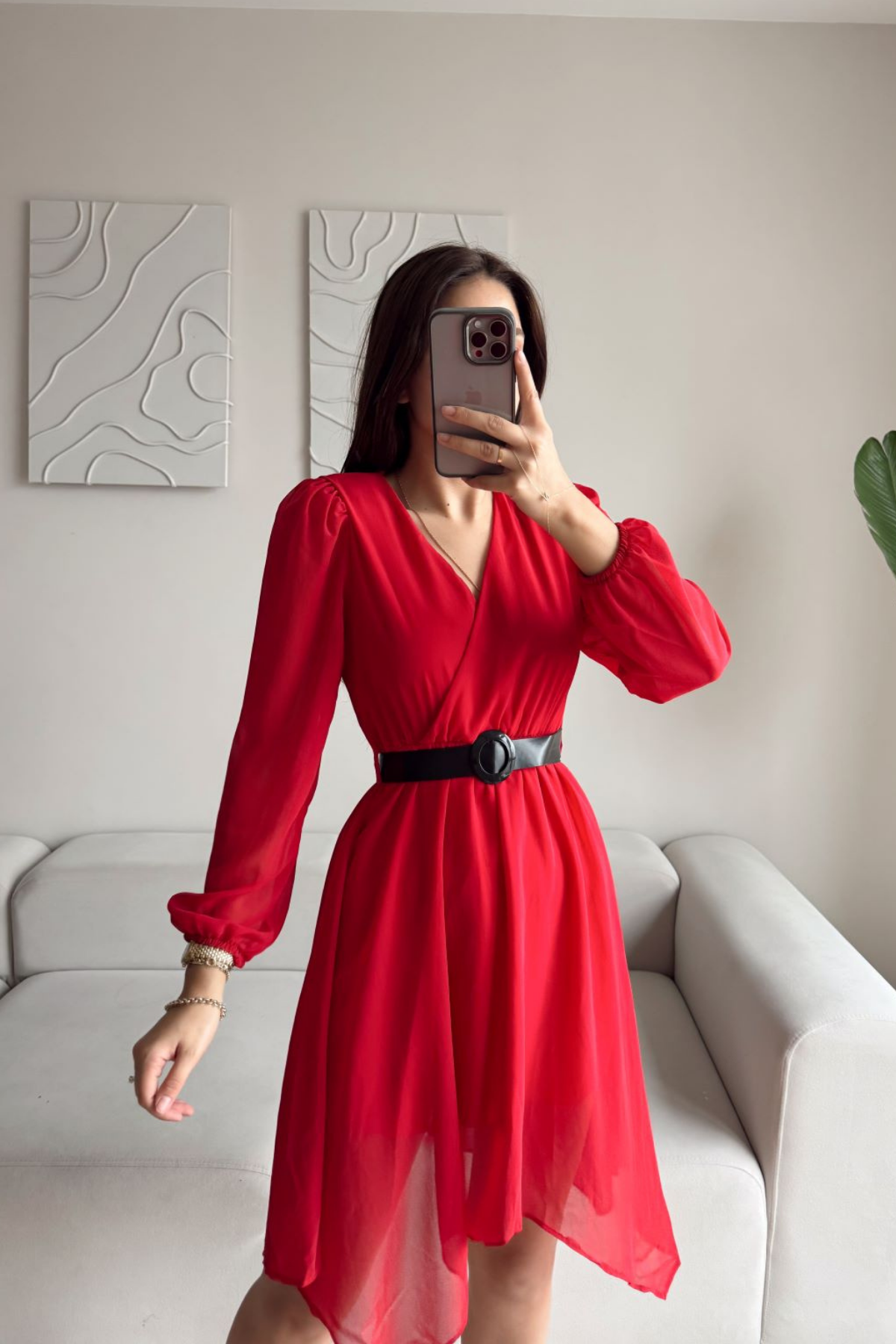 Asimetrik Kesim Kemerli Şifon Elbise 89586 KIRMIZI