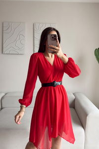 Asimetrik Kesim Kemerli Şifon Elbise 89586 KIRMIZI