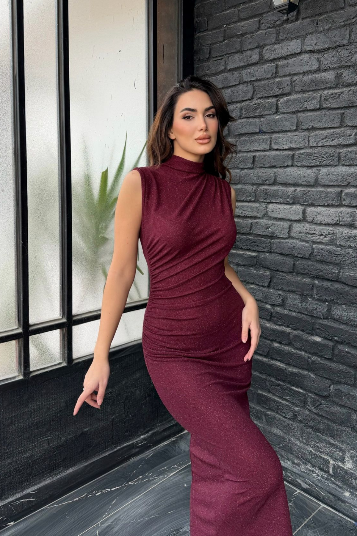 Asu Simli Kumaş Kolsuz Midi Elbise 3648 BORDO