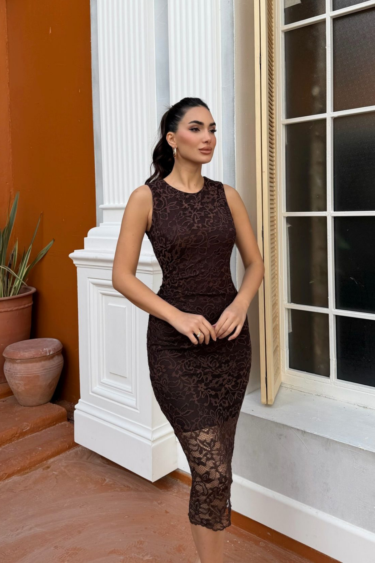 Avis Güpür Detay Midi Elbise 9384 ACI KAHVE