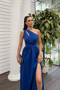 Avril Tek Omuz Yırtmaçlı Abiye 582160 SAKS MAVİSİ B3X R