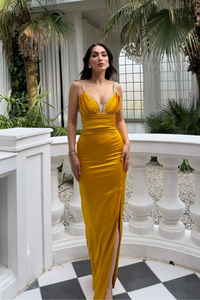 Aybeniz Taş İşleme Askılı Saten Abiye 1133 SARI