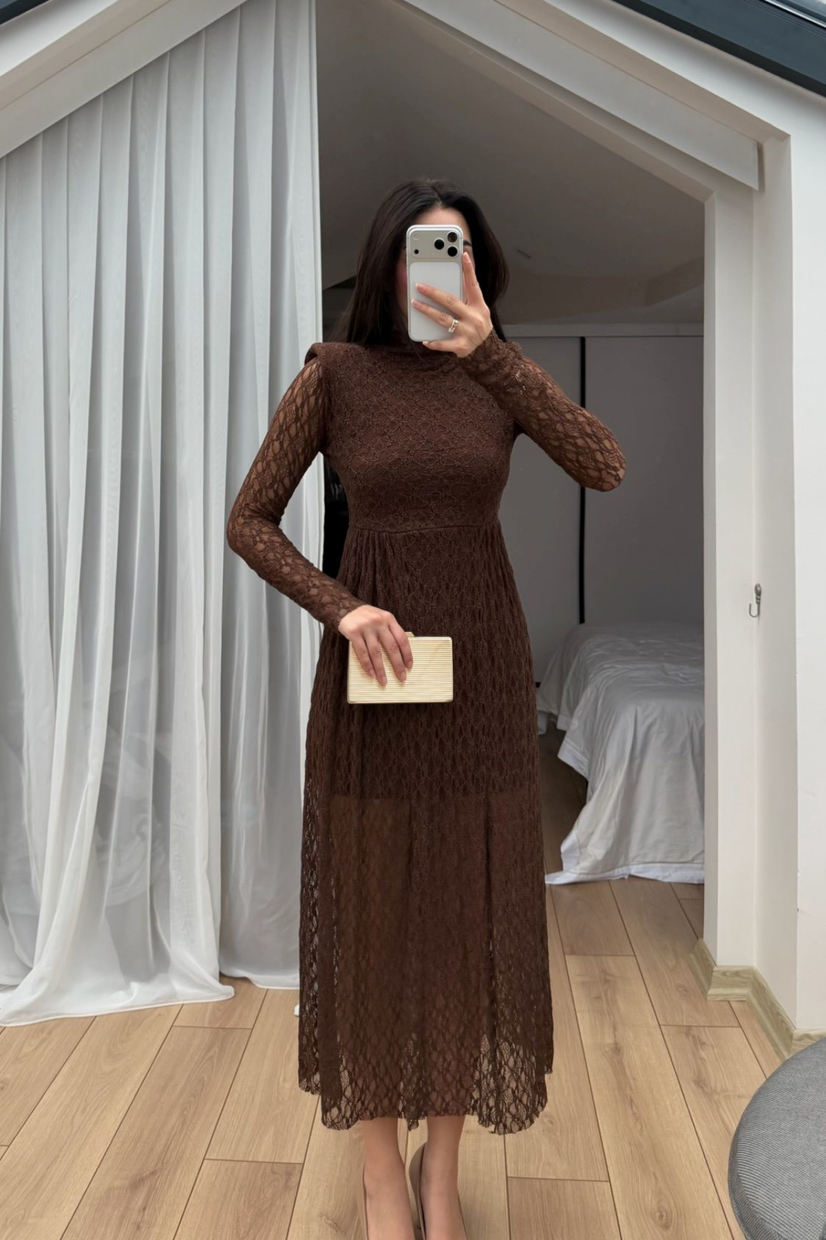 Aylin Güpür Detay Vatkalı Midi Elbise 4572 ACI KAHVE