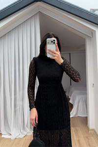 Aylin Güpür Detay Vatkalı Midi Elbise 4572 SİYAH