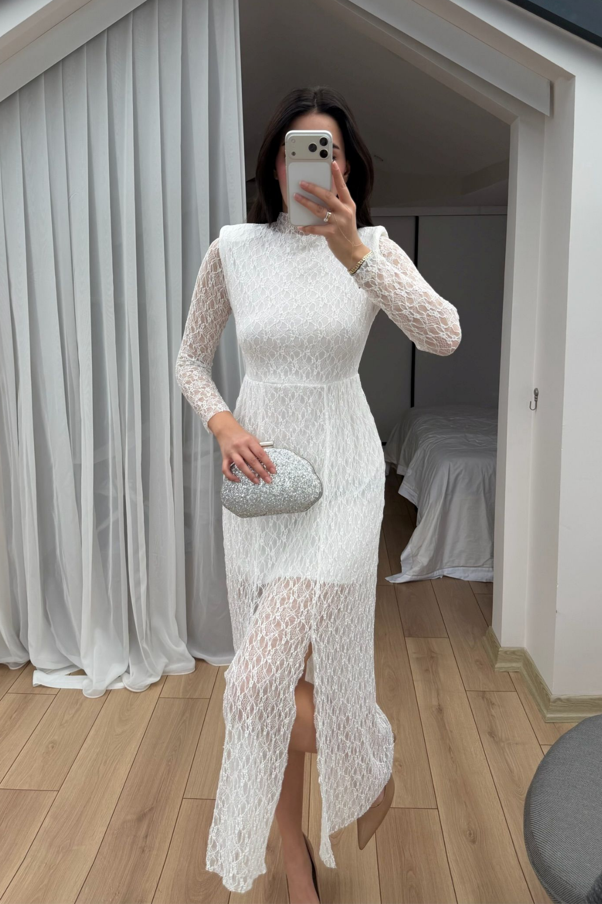 Aylin Güpür Detay Vatkalı Midi Elbise 4572 BEYAZ