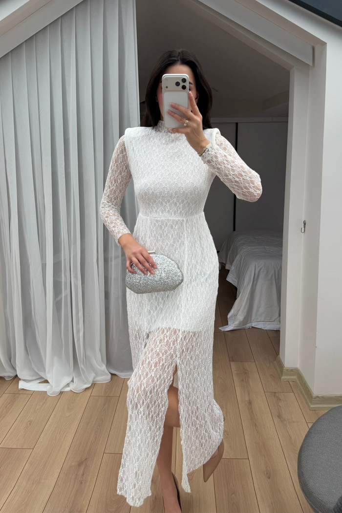 Aylin Güpür Detay Vatkalı Midi Elbise 4572 BEYAZ