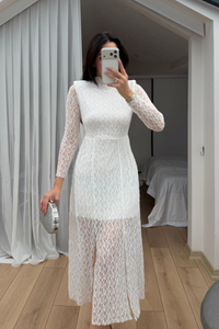 Aylin Güpür Detay Vatkalı Midi Elbise 4572 BEYAZ