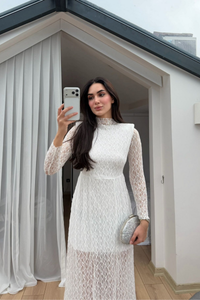 Aylin Güpür Detay Vatkalı Midi Elbise 4572 BEYAZ