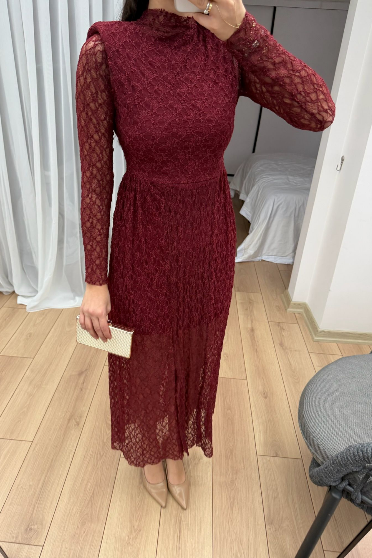 Aylin Güpür Detay Vatkalı Midi Elbise 4572 BORDO