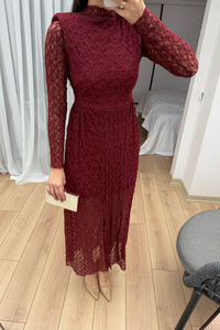 Aylin Güpür Detay Vatkalı Midi Elbise 4572 BORDO
