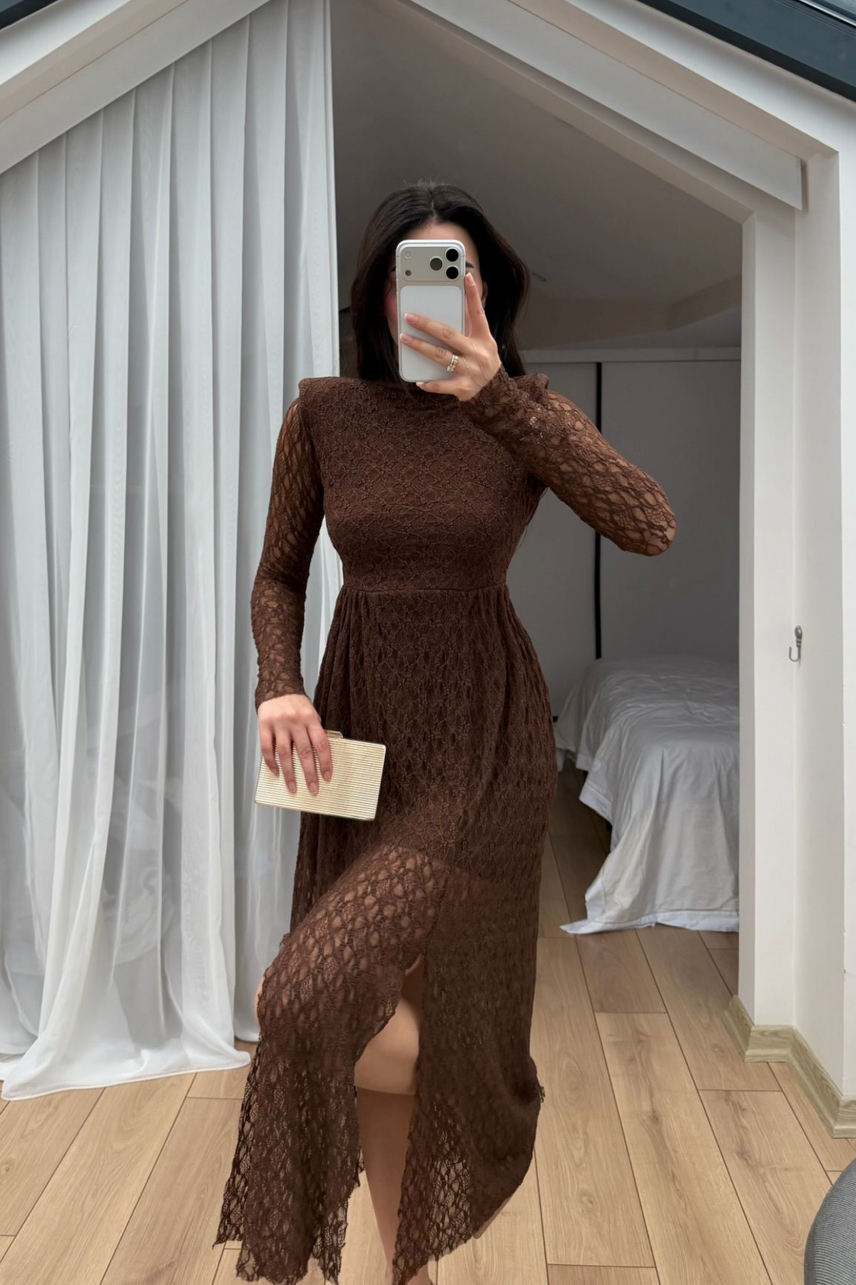 Aylin Güpür Detay Vatkalı Midi Elbise 4572 ACI KAHVE