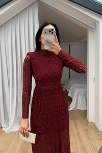 Aylin Güpür Detay Vatkalı Midi Elbise 4572 BORDO