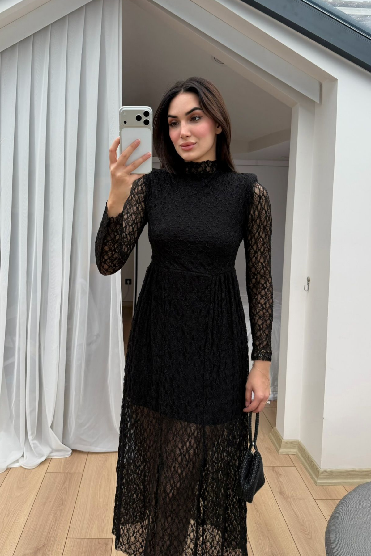 Aylin Güpür Detay Vatkalı Midi Elbise 4572 SİYAH