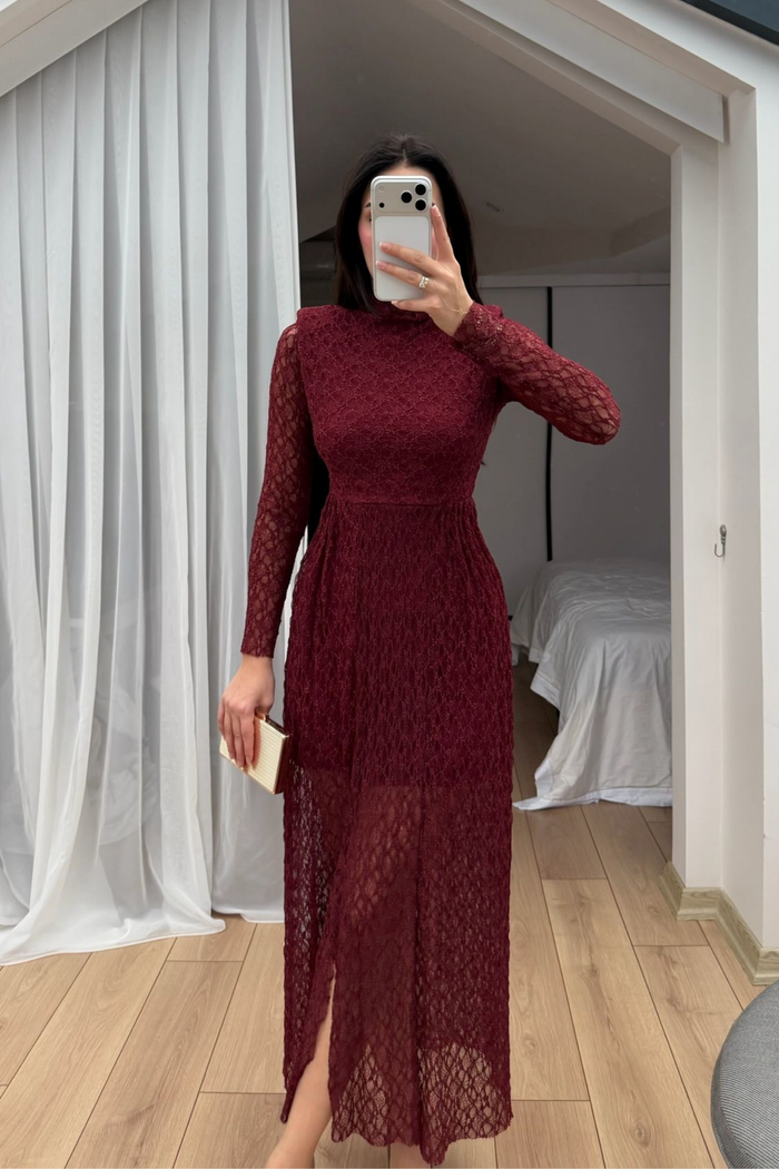 Aylin Güpür Detay Vatkalı Midi Elbise 4572 BORDO