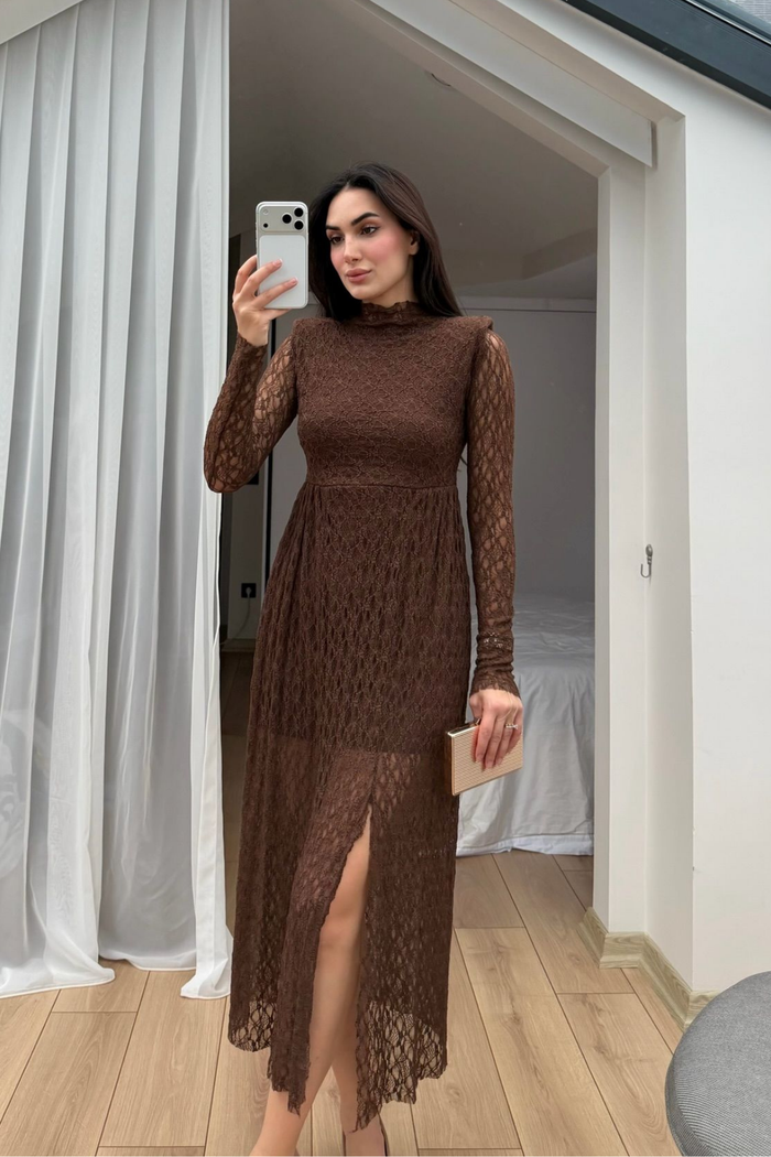 Aylin Güpür Detay Vatkalı Midi Elbise 4572 ACI KAHVE