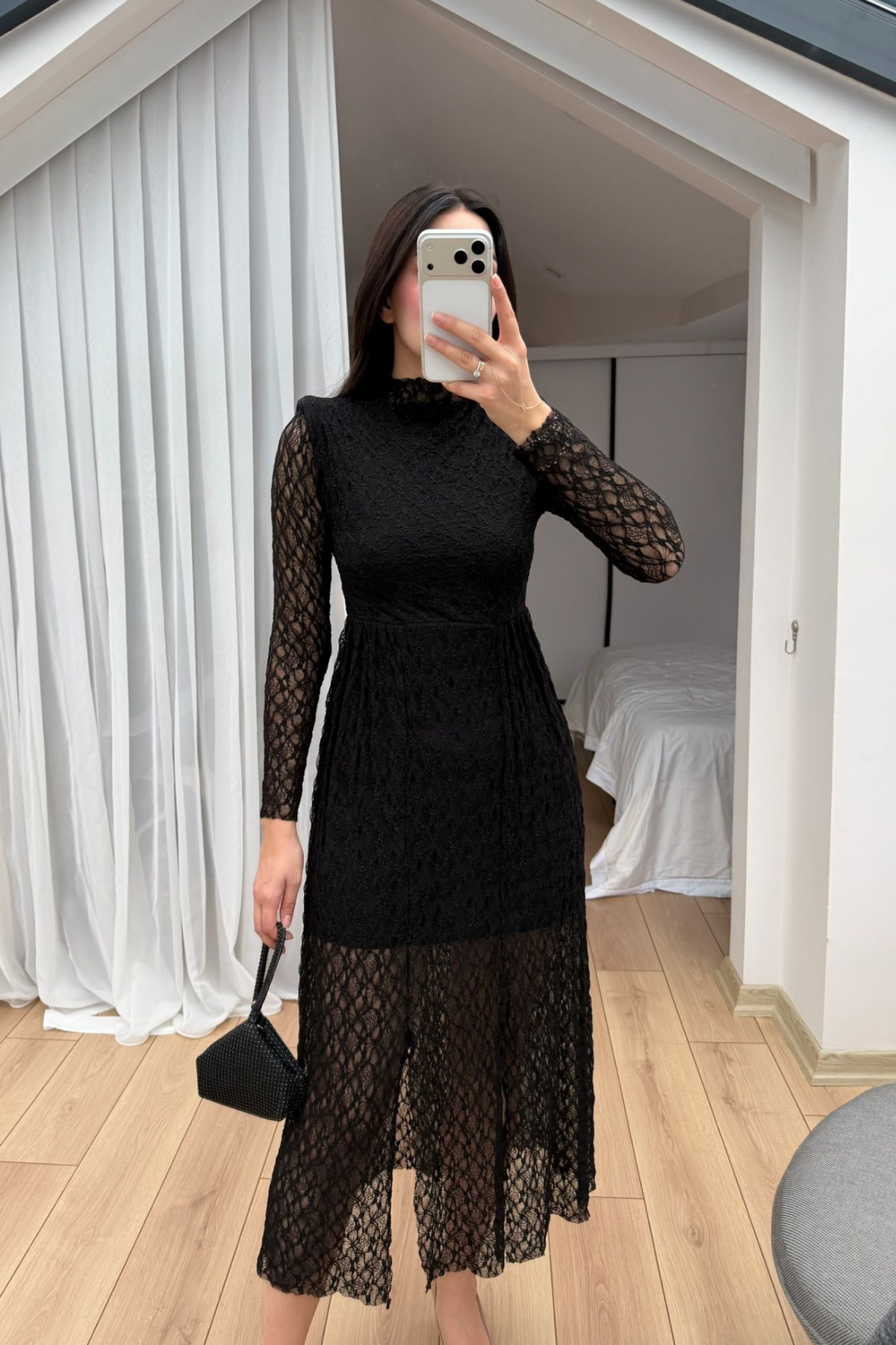 Aylin Güpür Detay Vatkalı Midi Elbise 4572 SİYAH