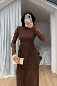 Aylin Güpür Detay Vatkalı Midi Elbise 4572 ACI KAHVE