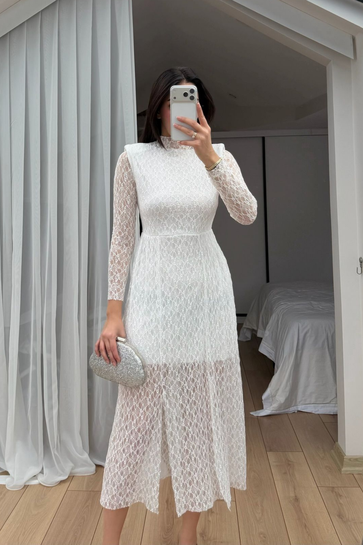 Aylin Güpür Detay Vatkalı Midi Elbise 4572 BEYAZ