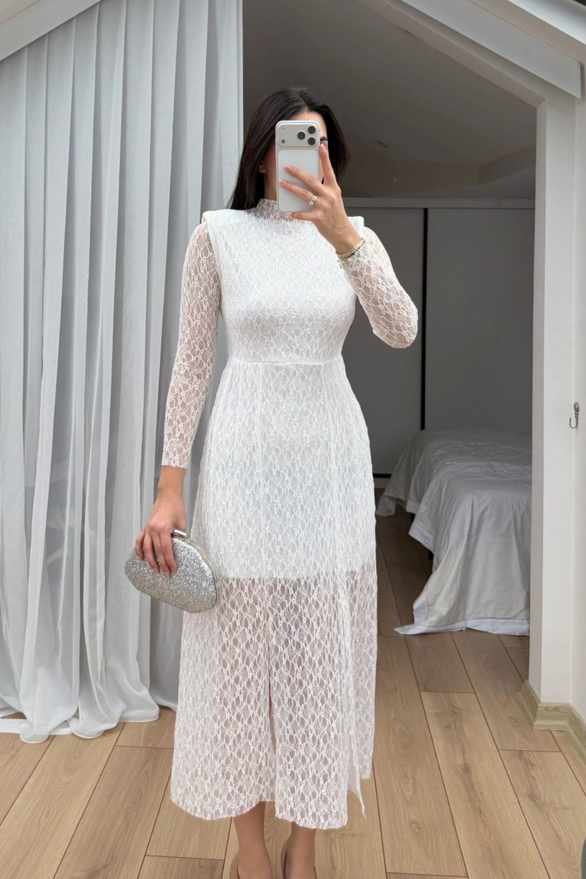 Aylin Güpür Detay Vatkalı Midi Elbise 4572 BEYAZ