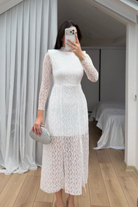 Aylin Güpür Detay Vatkalı Midi Elbise 4572 BEYAZ