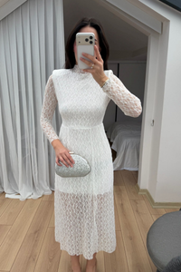 Aylin Güpür Detay Vatkalı Midi Elbise 4572 BEYAZ